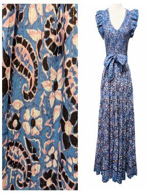 Cleobella Womens Size XS Autumn Blue Floral Paisley Smocked Tie Belt Midi Dress